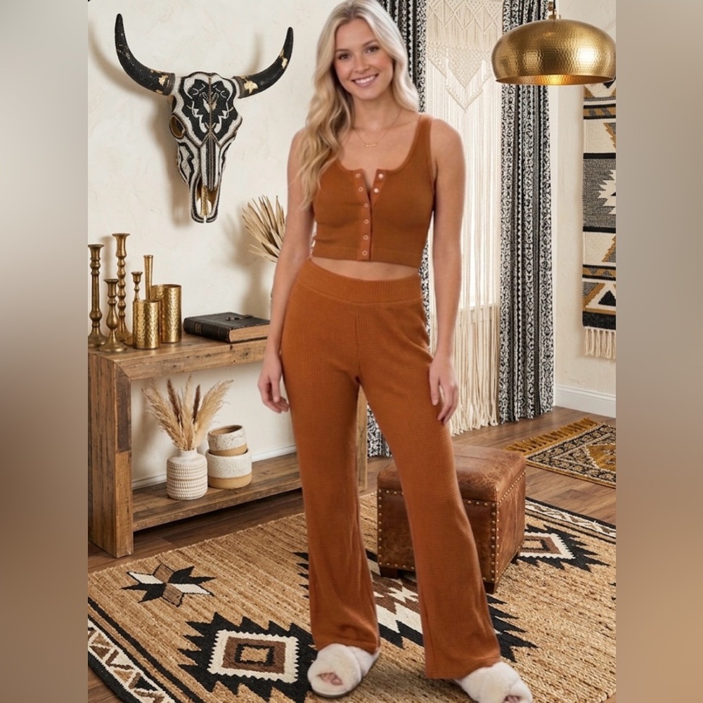 aerie Ribbed Wide-Leg Lounge Pants in Rust